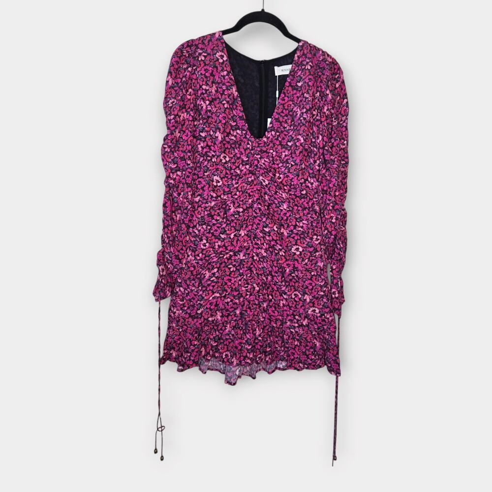 NEW Kivari Imogen Pink Floral Mini Dress Long Sleeve Deep V-Neck Women's Sz 4